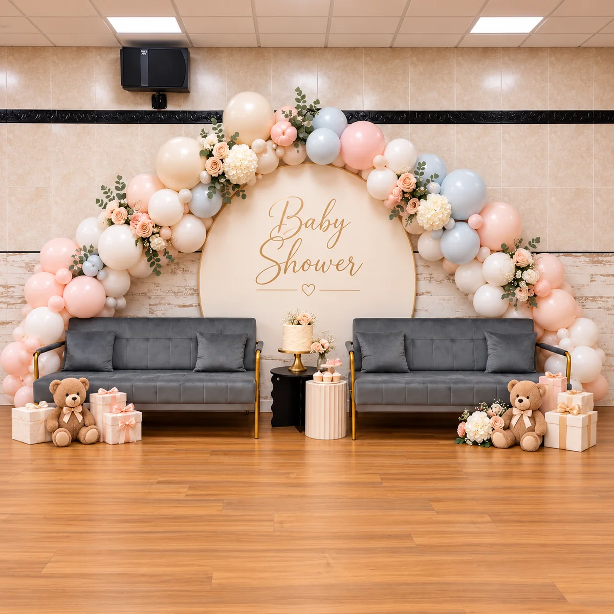 Decoración de baby shower con globos pastel, flores y ositos