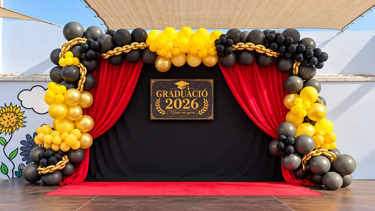 Decoración de graduación con globos negros y dorados
