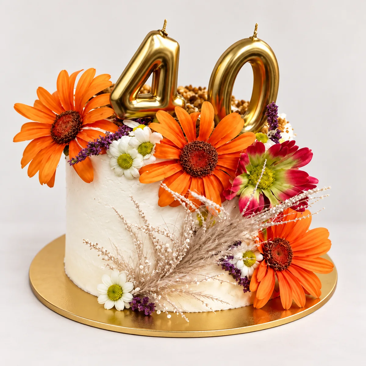Pastel decorado con flores y velas doradas del número 40