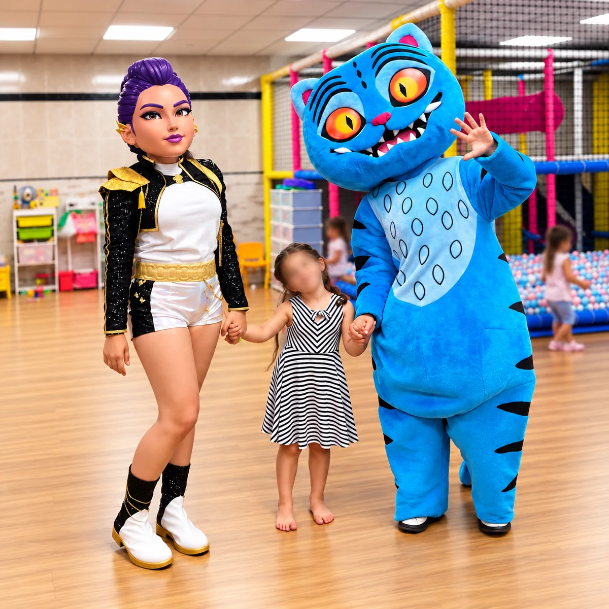 Personajes de fiesta junto a una niña en la zona de juegos