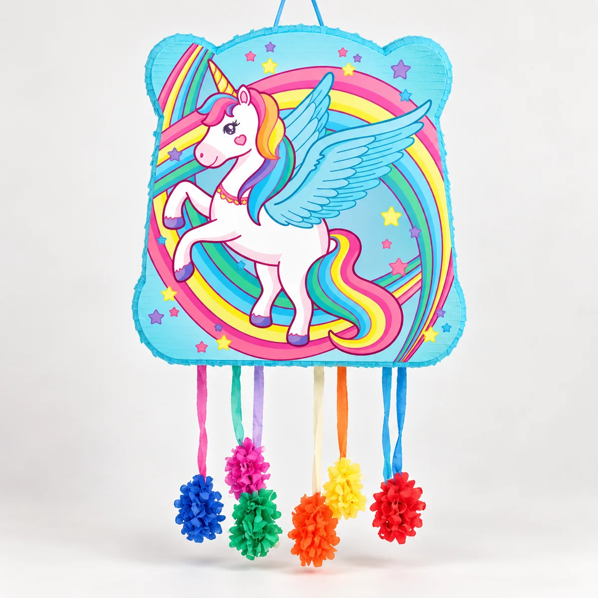 Piñata de unicornio con arcoíris y cintas de colores